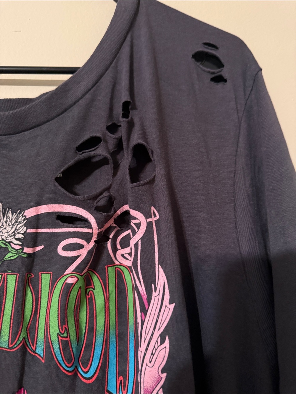 Torrid Graphic Distressed Black Tee with Neon Peach & Green Print - Picture 5 of 6